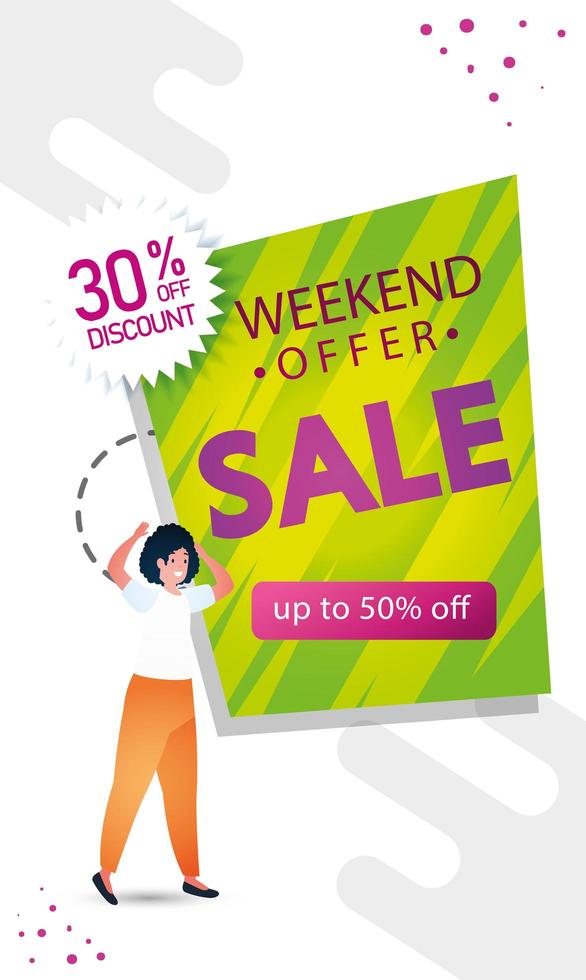 woman and commercial label sale weekend offer lettering vector