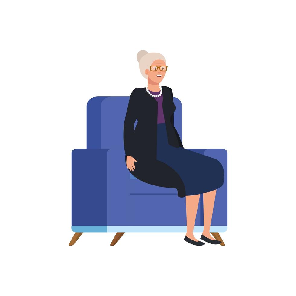 old woman sitting in sofa avatar character vector