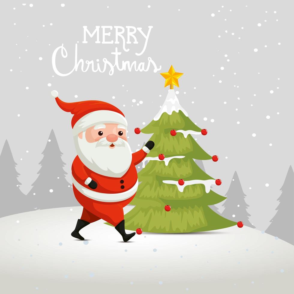 merry christmas poster with santa claus and pine tree vector