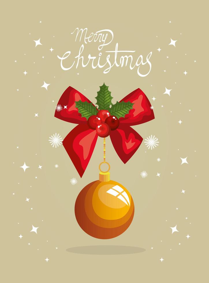 merry christmas poster with bow ribbon and ball hanging vector