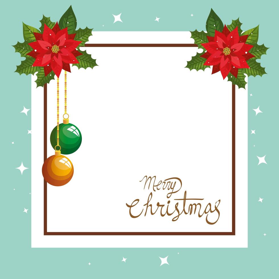 Tarjeta de feliz navidad con decoración de flores y marco cuadrado. vector