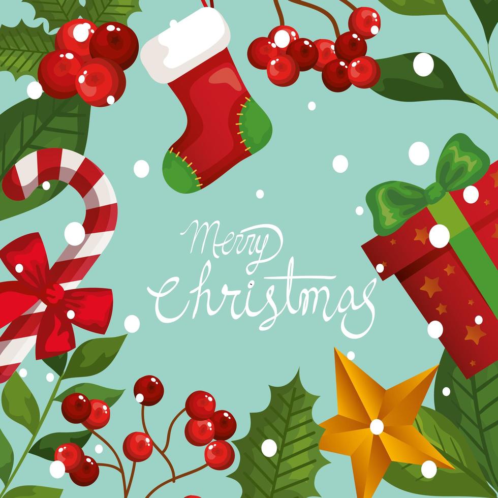 merry christmas poster with frame of leafs and decoration vector