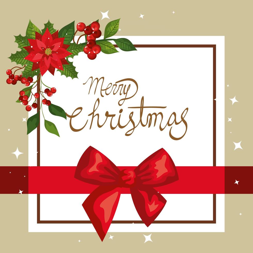 merry christmas card with flower decoration and square frame vector