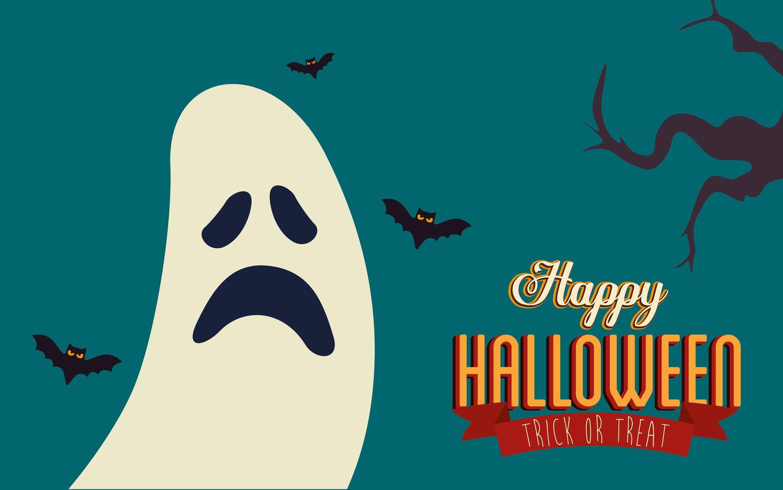 poster of halloween with ghost and bats flying vector