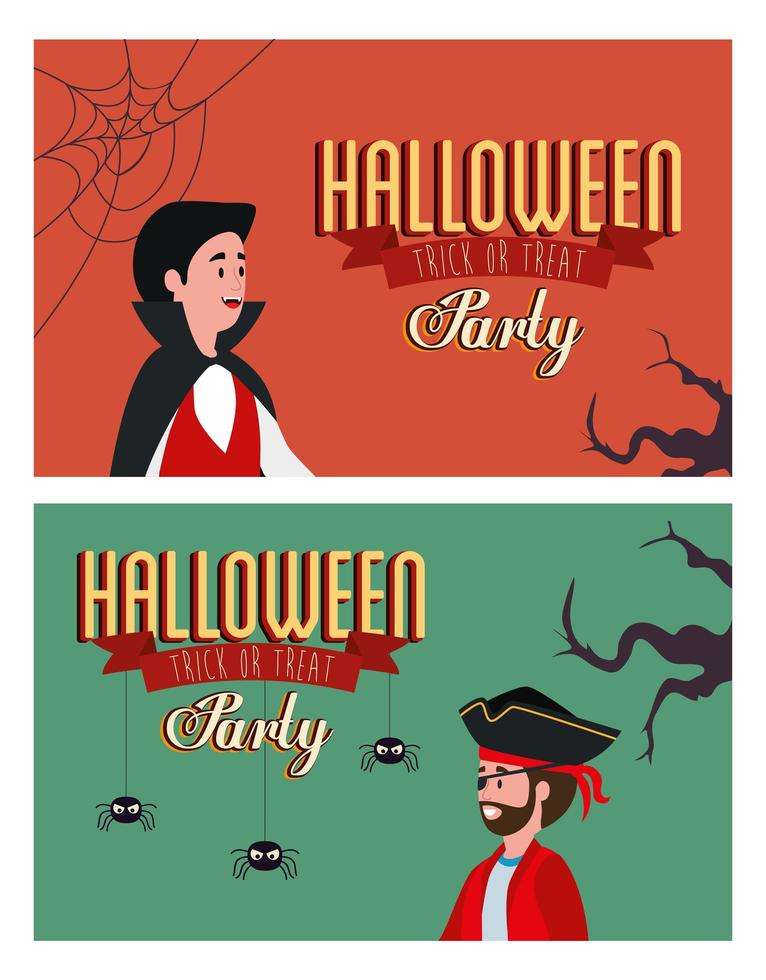 set poster of party halloween with men disguised vector