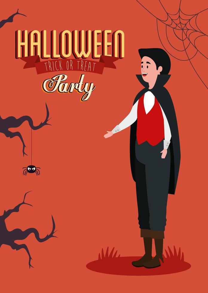 poster of party halloween with young man disguised of vampire vector