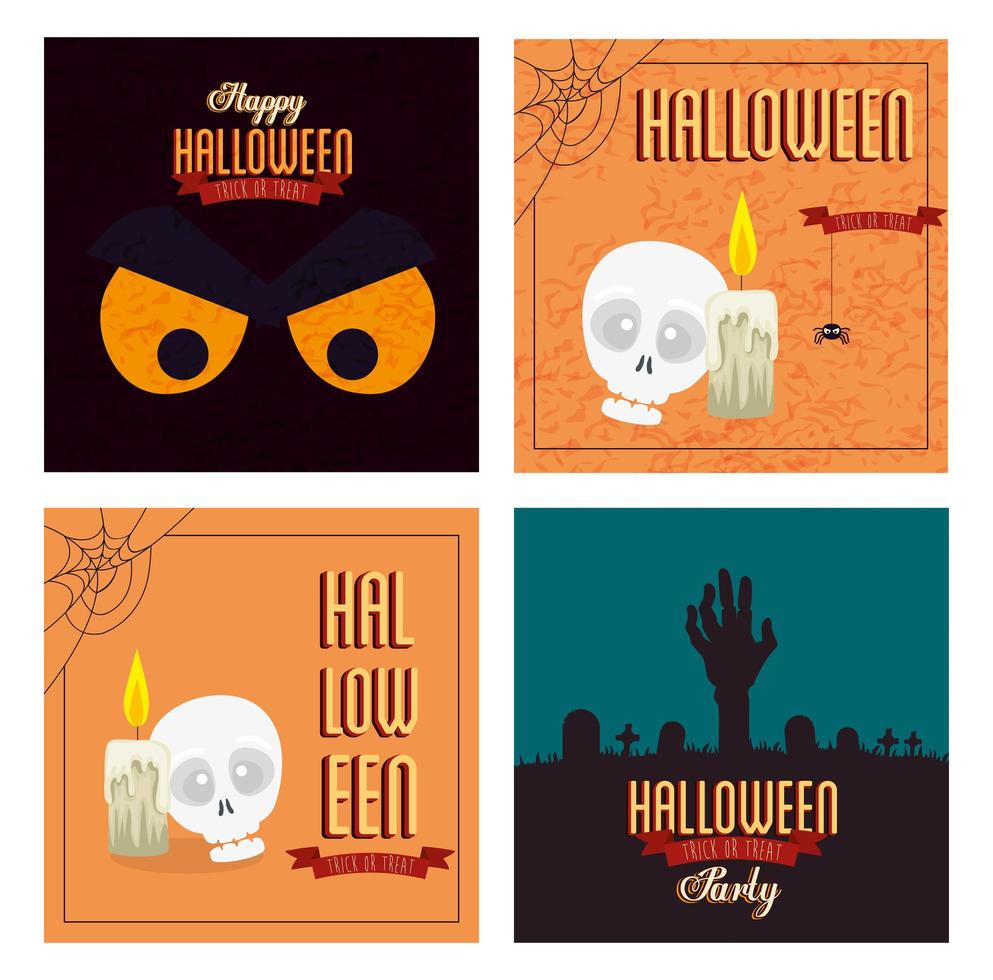 set poster of happy halloween with decoration vector