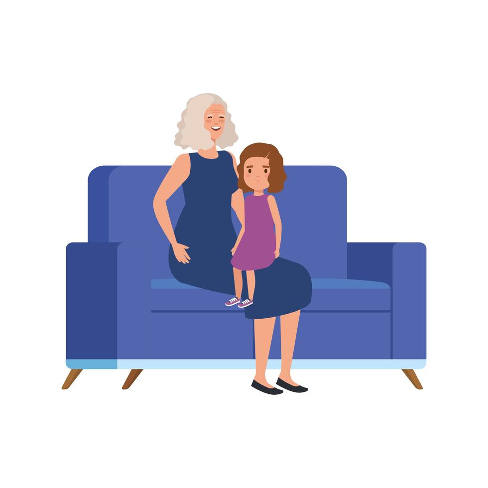 grandmother with granddaughter sitting in sofa vector