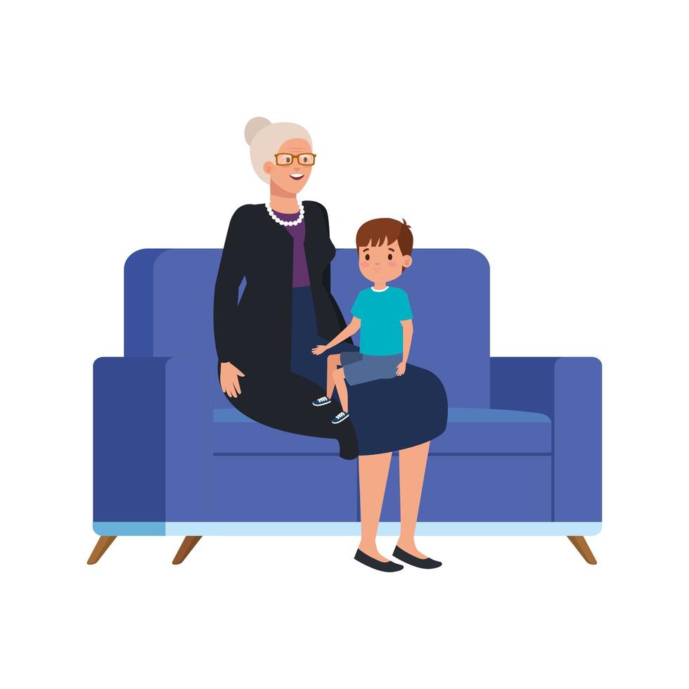 grandmother with grandson sitting in sofa vector