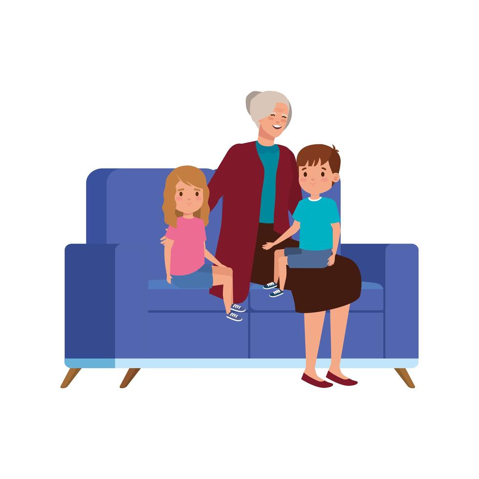 grandmother with grandchildren sitting in sofa vector