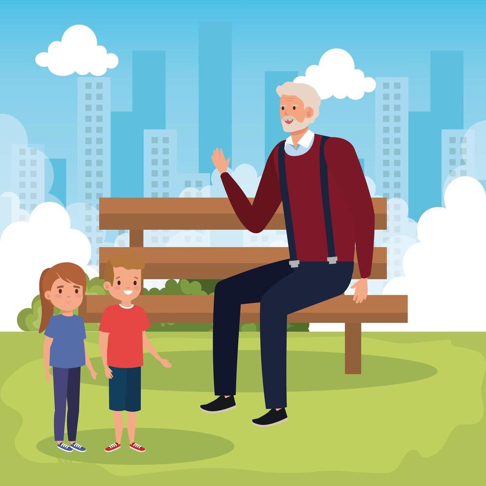 grandfather with grandchildren in park scene vector