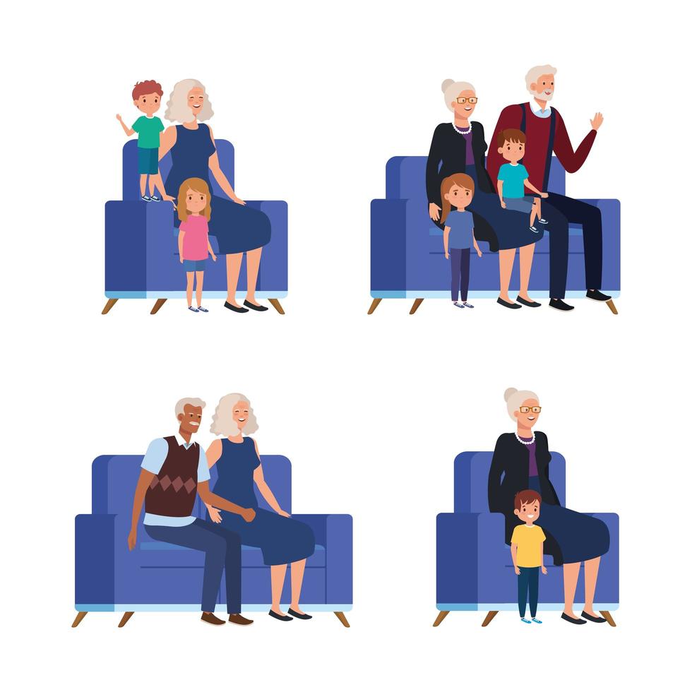 scenes of grandparents with grandchildren seated in sofa vector