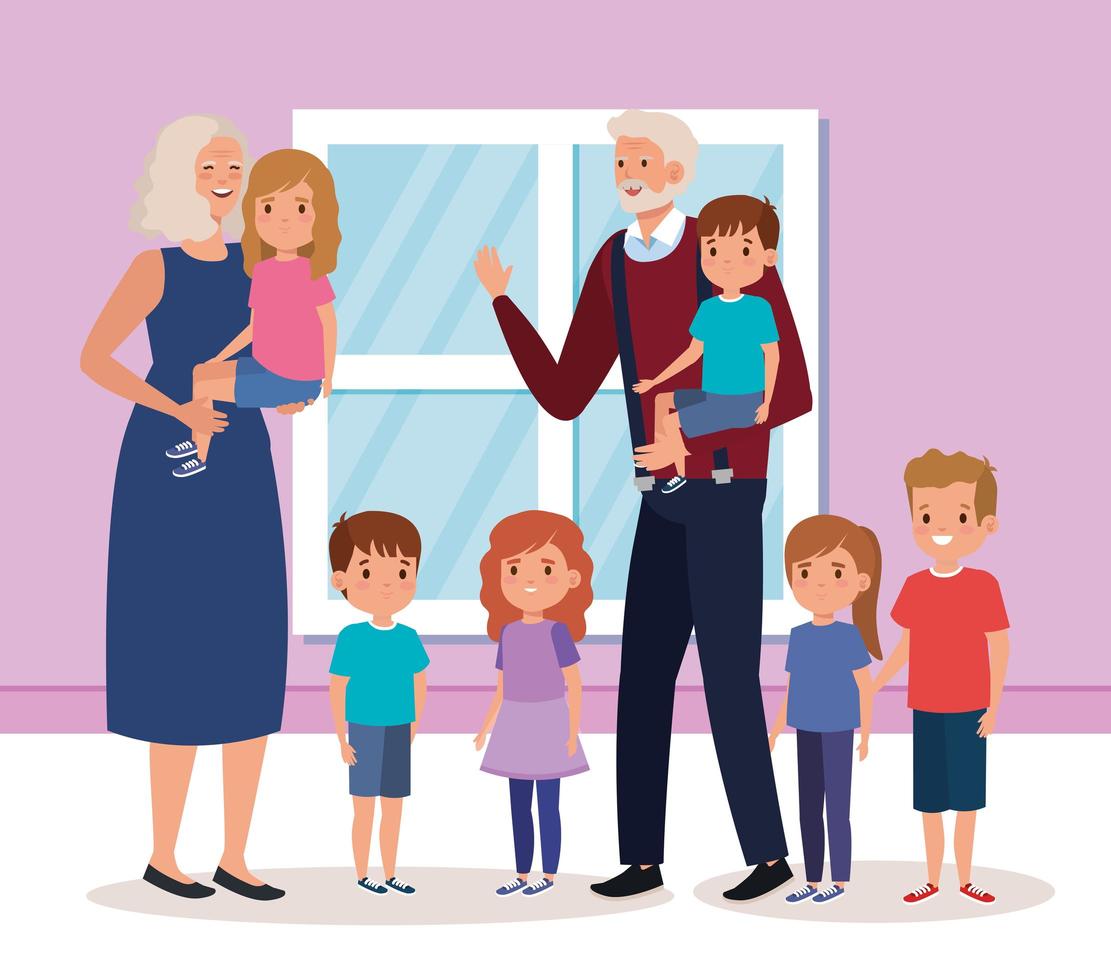 grandparents with grandchildren indoor house scene vector