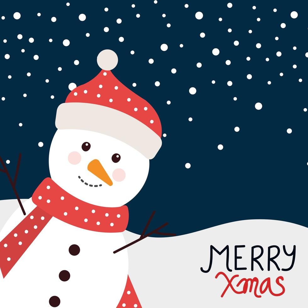 merry christmas poster with snowman in winter landscape vector