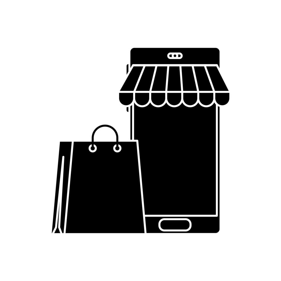 silhouette of smartphone with parasol and bag shopping vector