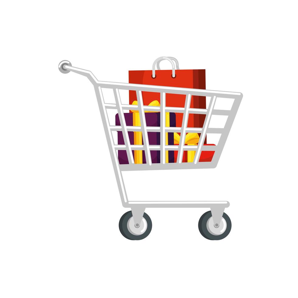 carrito de compras con cajas de regalo y bolsas de compras. vector