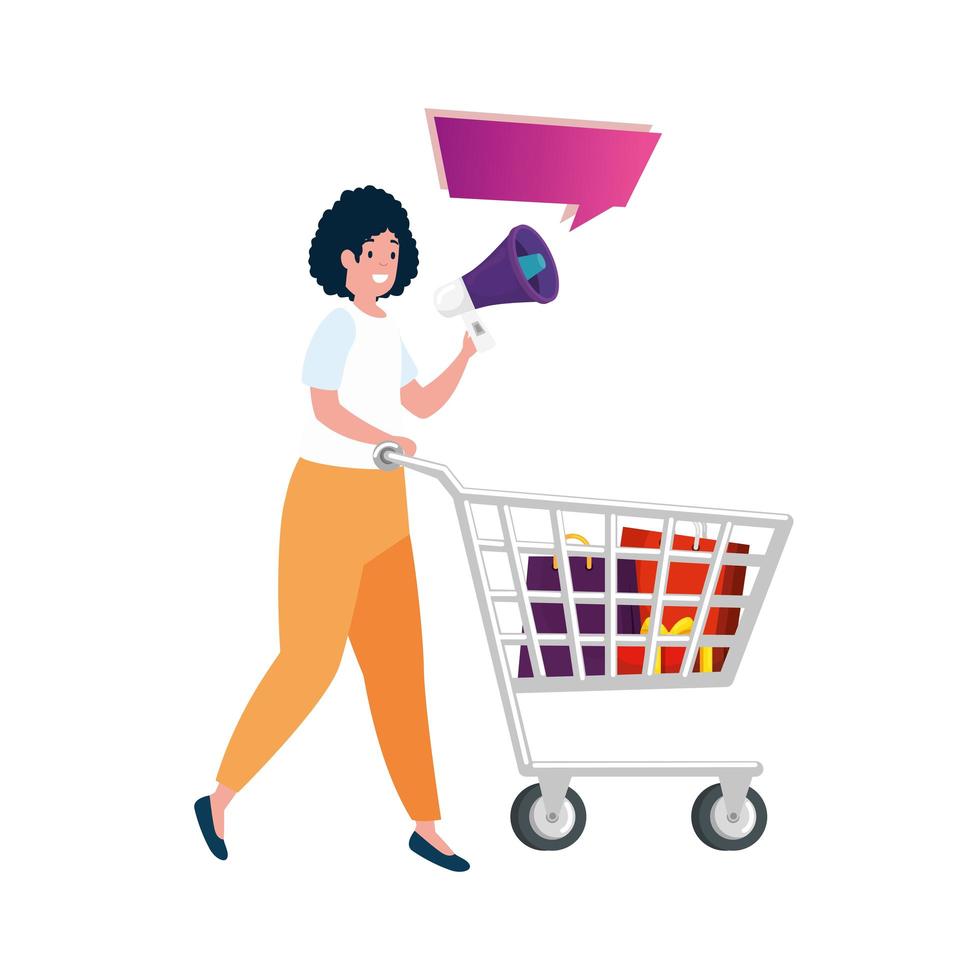 beautiful woman with cart shopping and megaphone vector