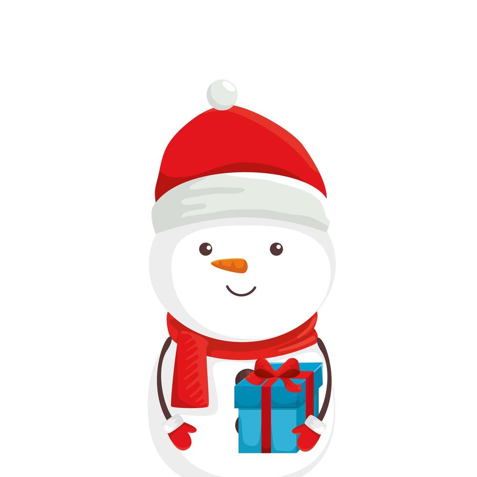 merry christmas snowman character with gift box vector