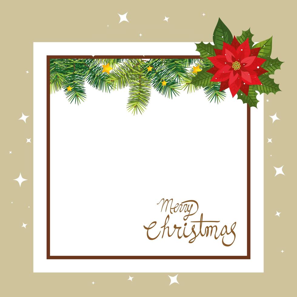 merry christmas card with flower and square frame vector