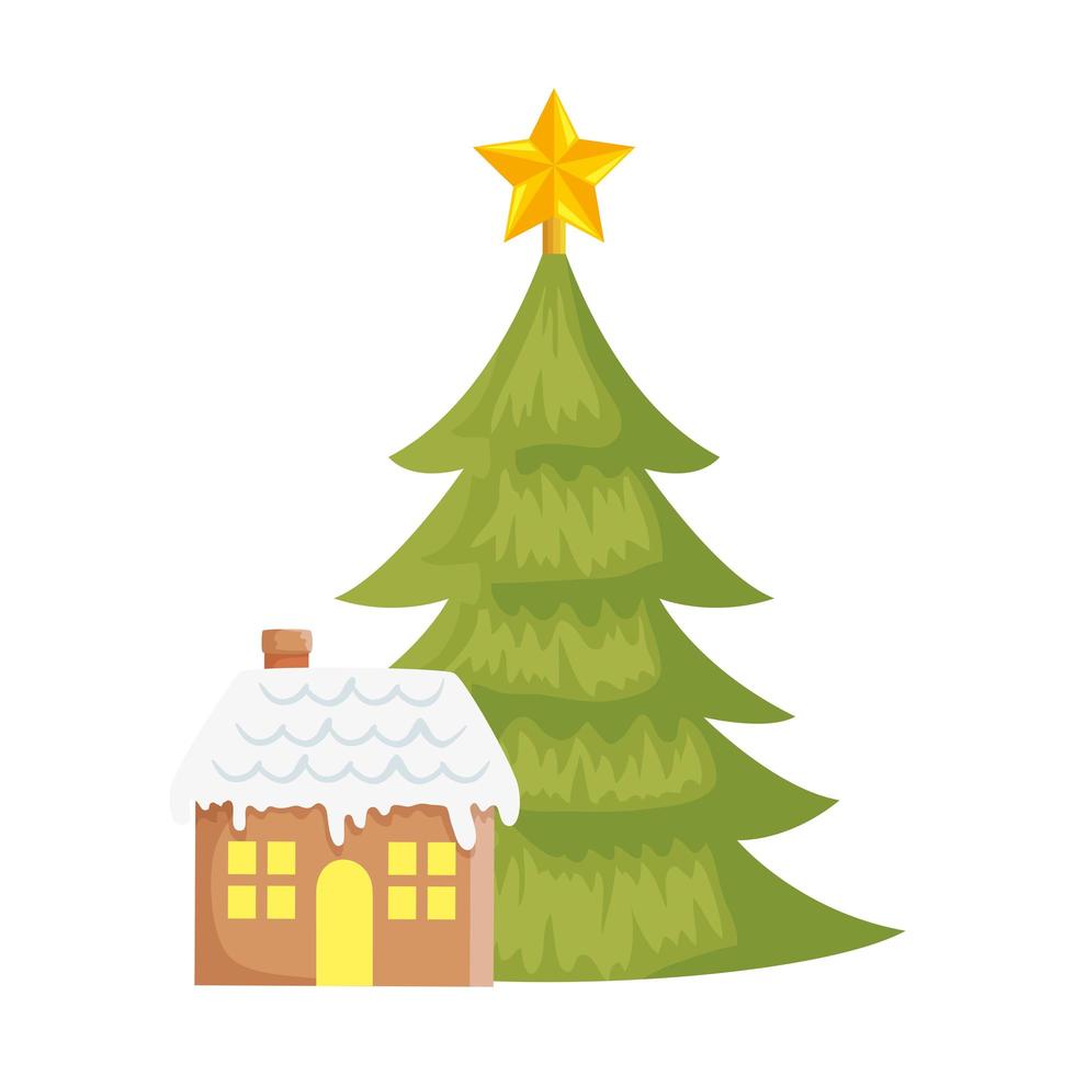 Casa con nieve y pino icono aislado de navidad vector