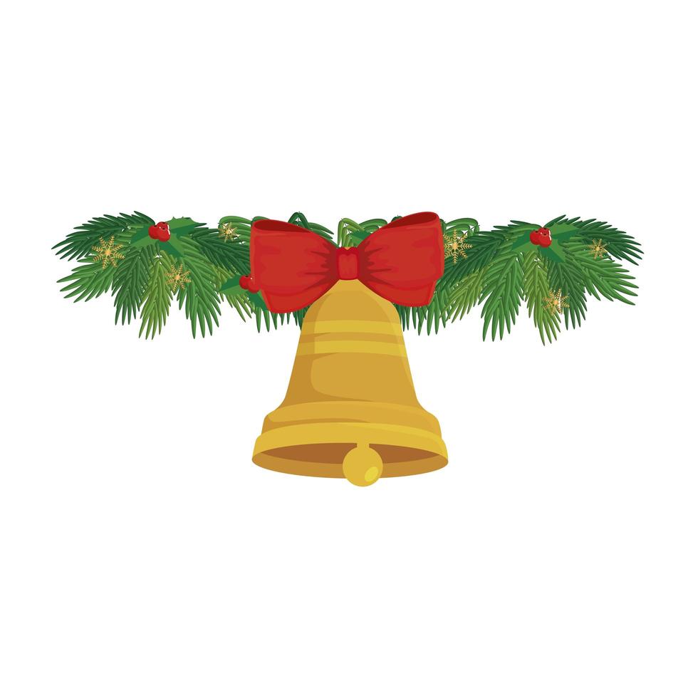 campana de decoración navideña con lazo de cinta en hojas tropicales vector