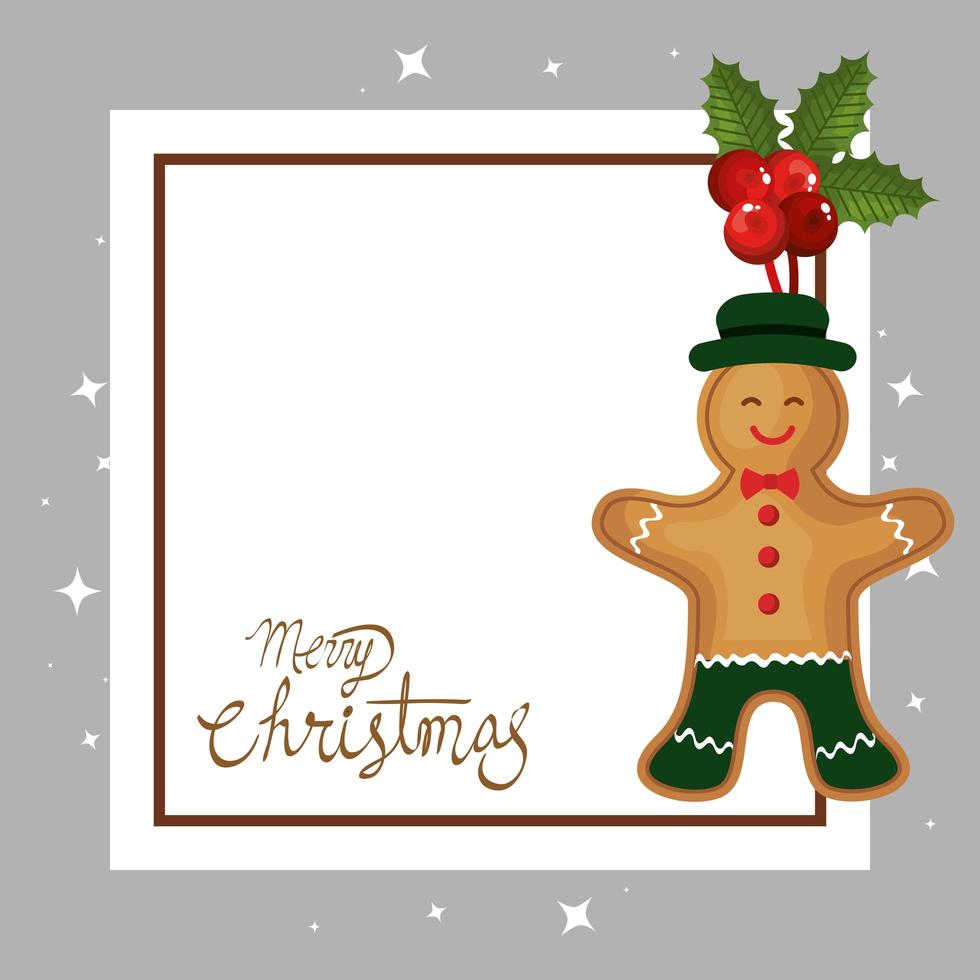 merry christmas card with ginger cookie in square frame vector