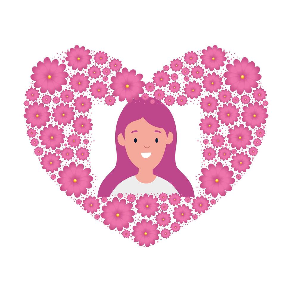 head woman in heart shape frame of flowers vector