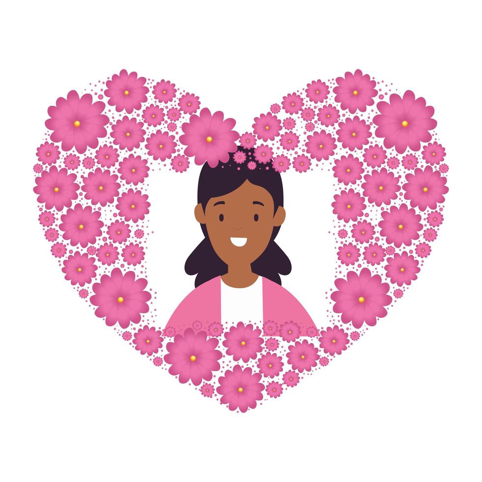 head woman afro in heart shape frame of flowers vector