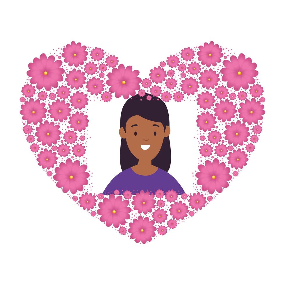 head woman afro in heart shape frame of flowers vector