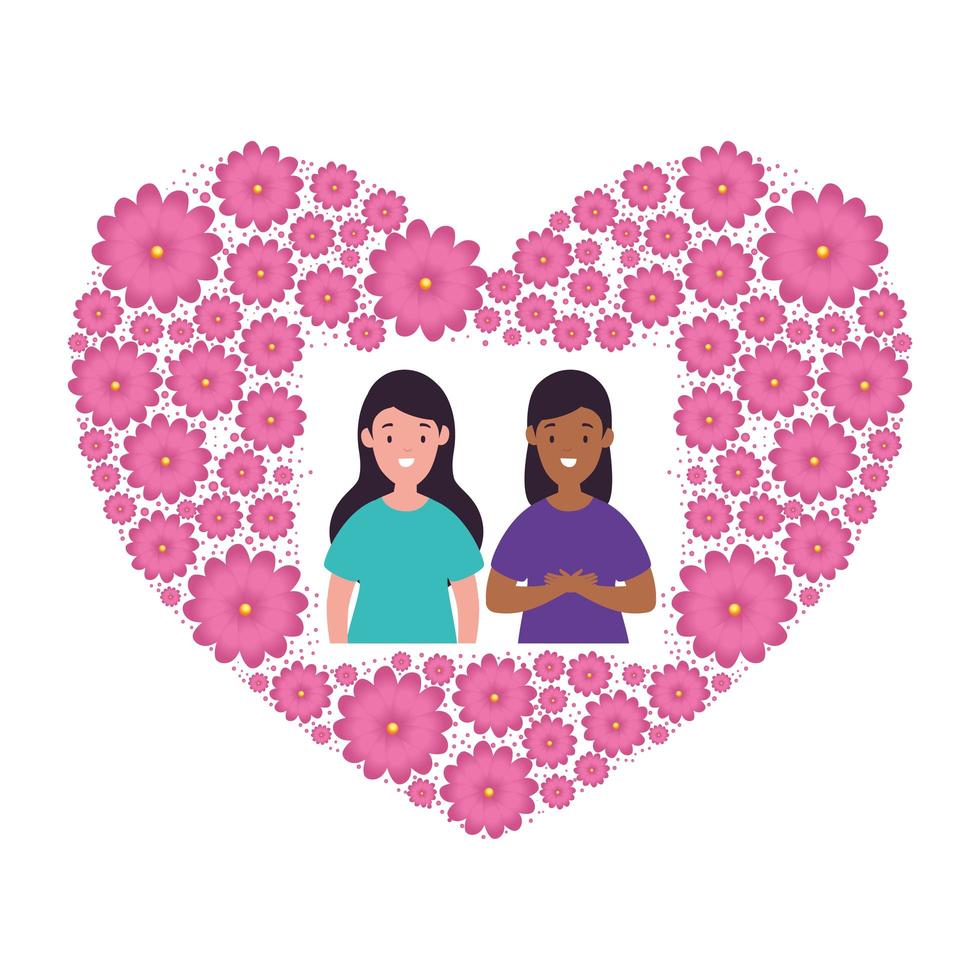 mujeres en forma de corazón marco de flores vector