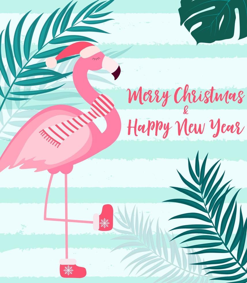 Cute Pink Flamingo New Year and Christmas Background vector