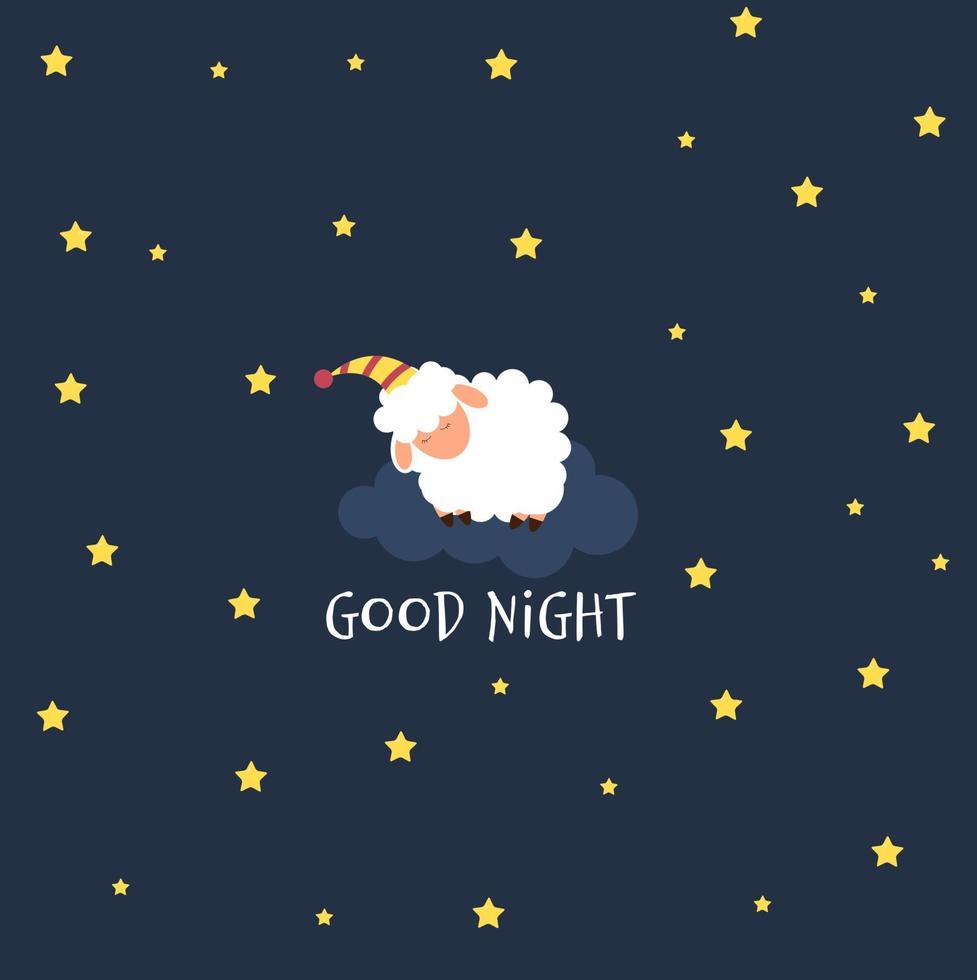 Cute little sheep on the night sky. Sweet dreams. vector illustration