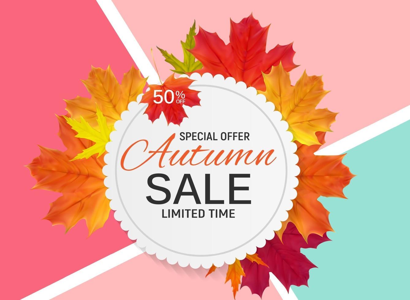 Banner de venta de hojas de otoño brillante. tarjeta de descuento comercial. vector