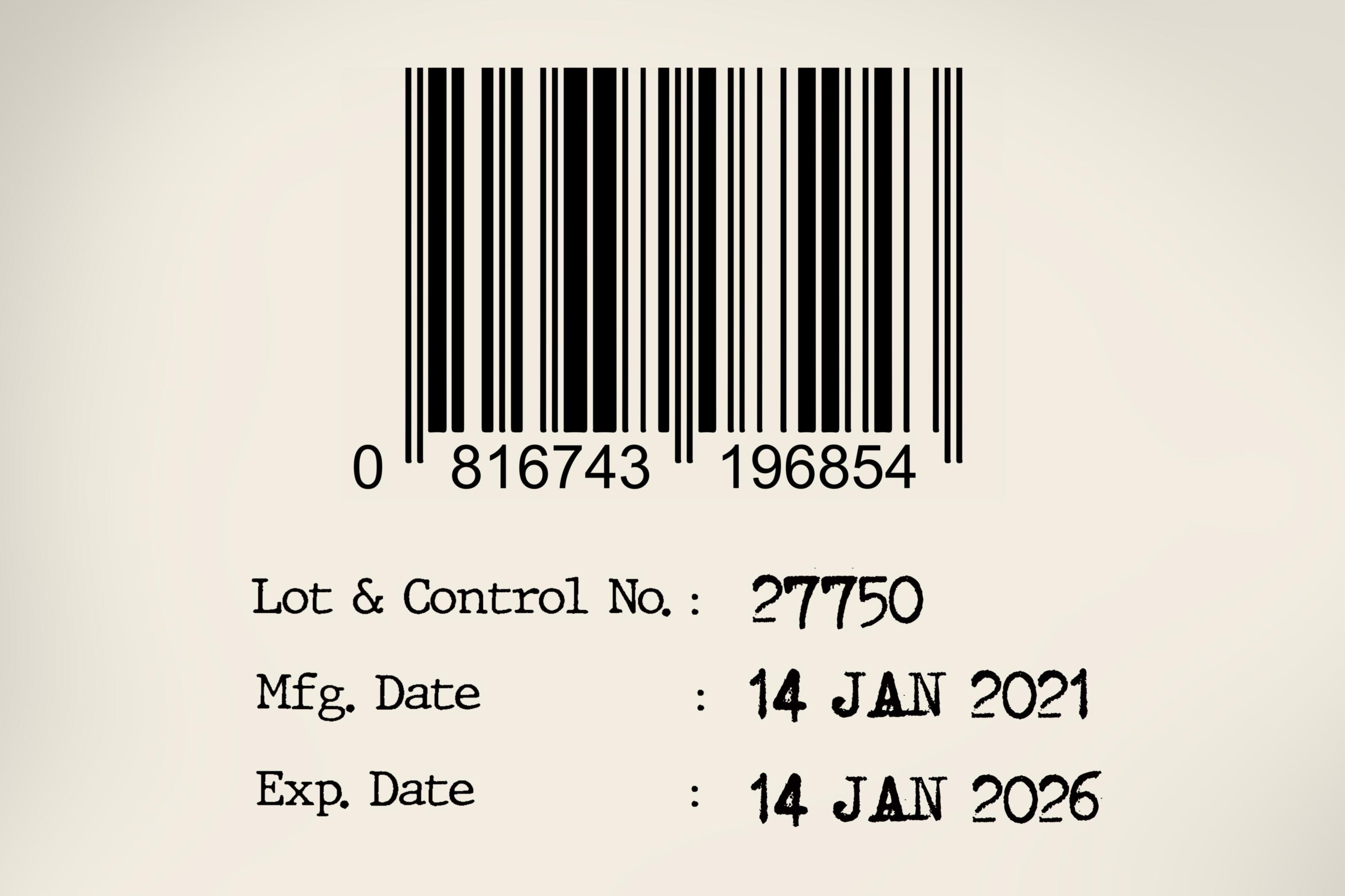 Expiry date and manufacturing date with bar code 3299720 Stock