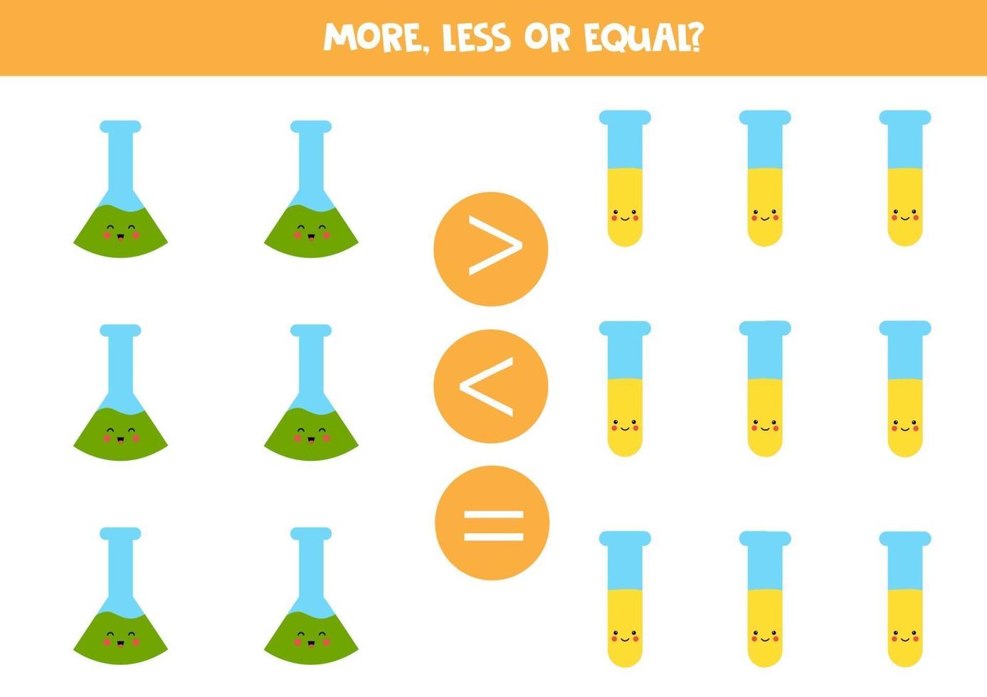 más, menos, igual con lindos tubos de ensayo. comparación matemática. vector