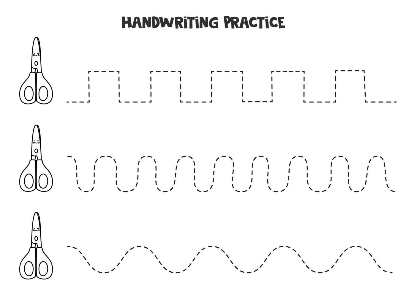 Tracing lines with cute black and white scissors. Writing practice. vector