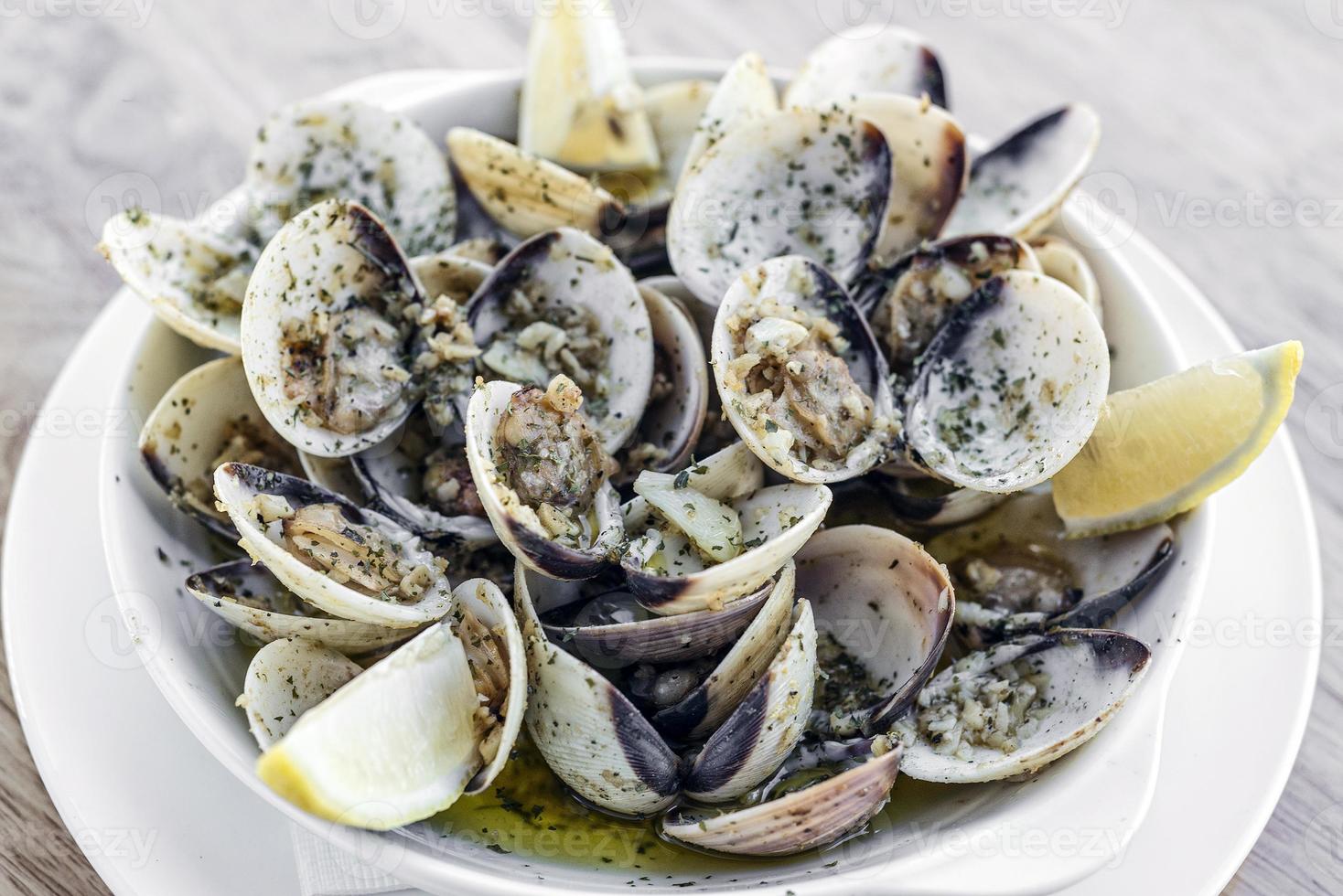 Garlic white wine steamed clams seafood Portuguese tapas simple snack photo