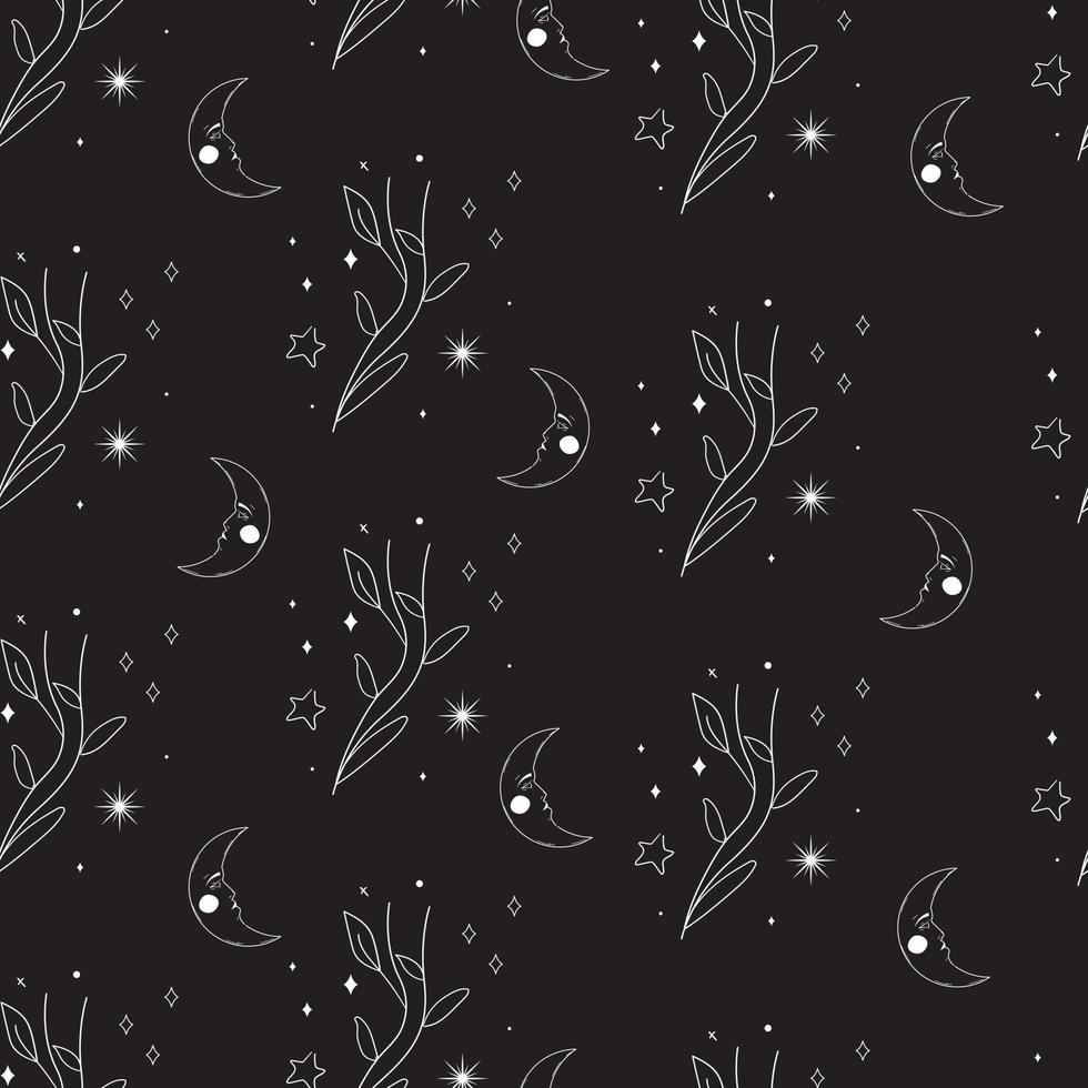 Celestial seamless pattern with magical plant and moon vector