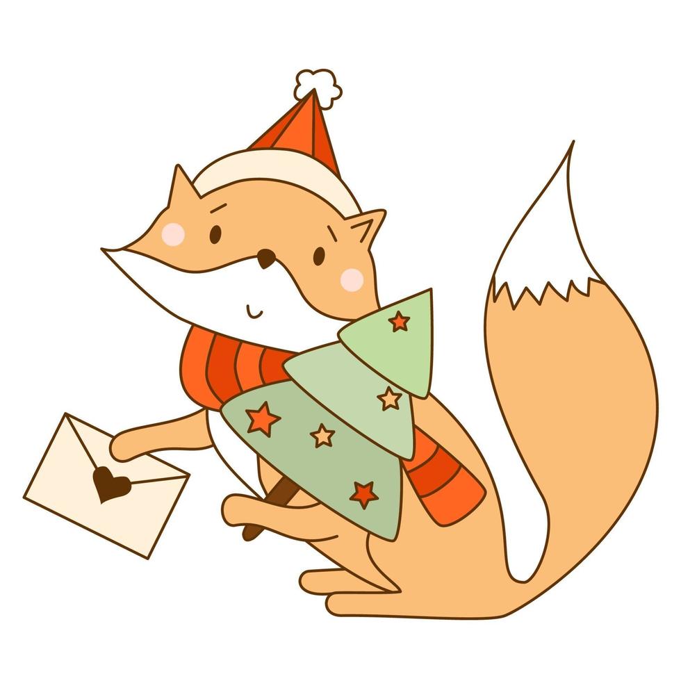 red Fox with a Christmas tree and a letter. Cute wild animal vector