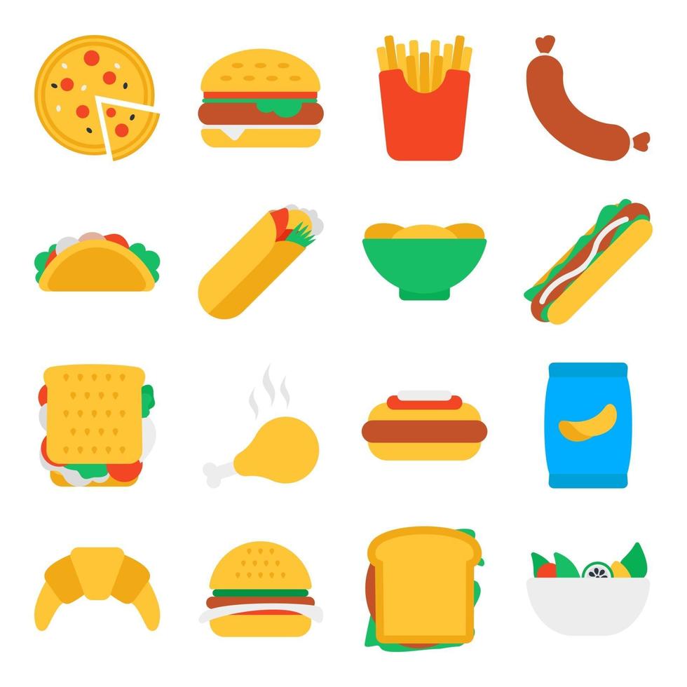 paquete de iconos planos de comida rápida vector