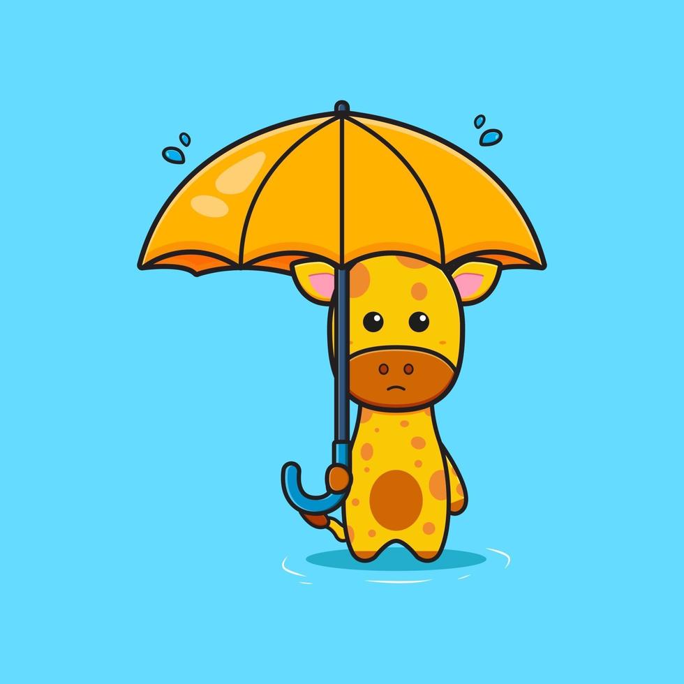Cute giraffe holding umbrella alone in the rain cartoon illustration vector