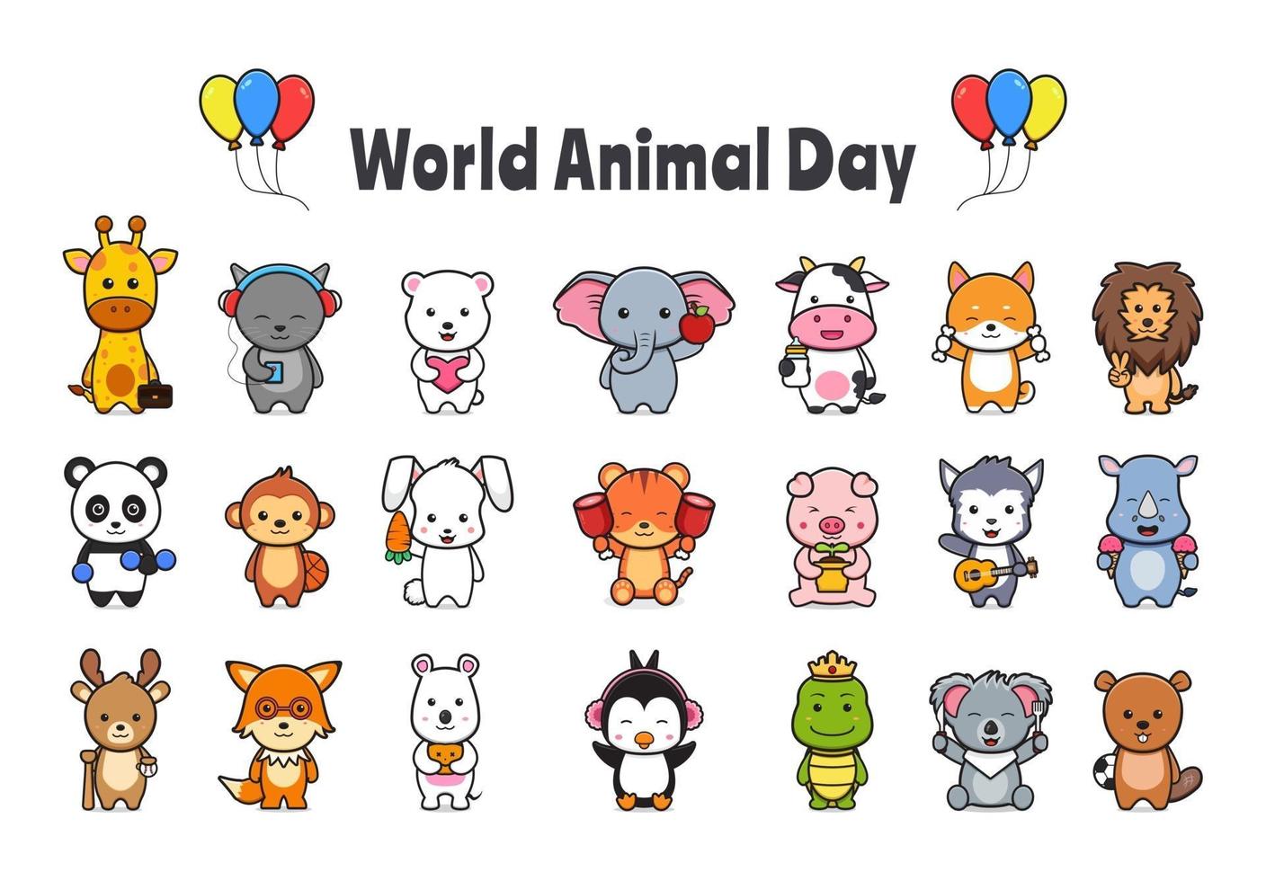 Establecer colección de ilustración de dibujos animados de celebración del día mundial de los animales vector