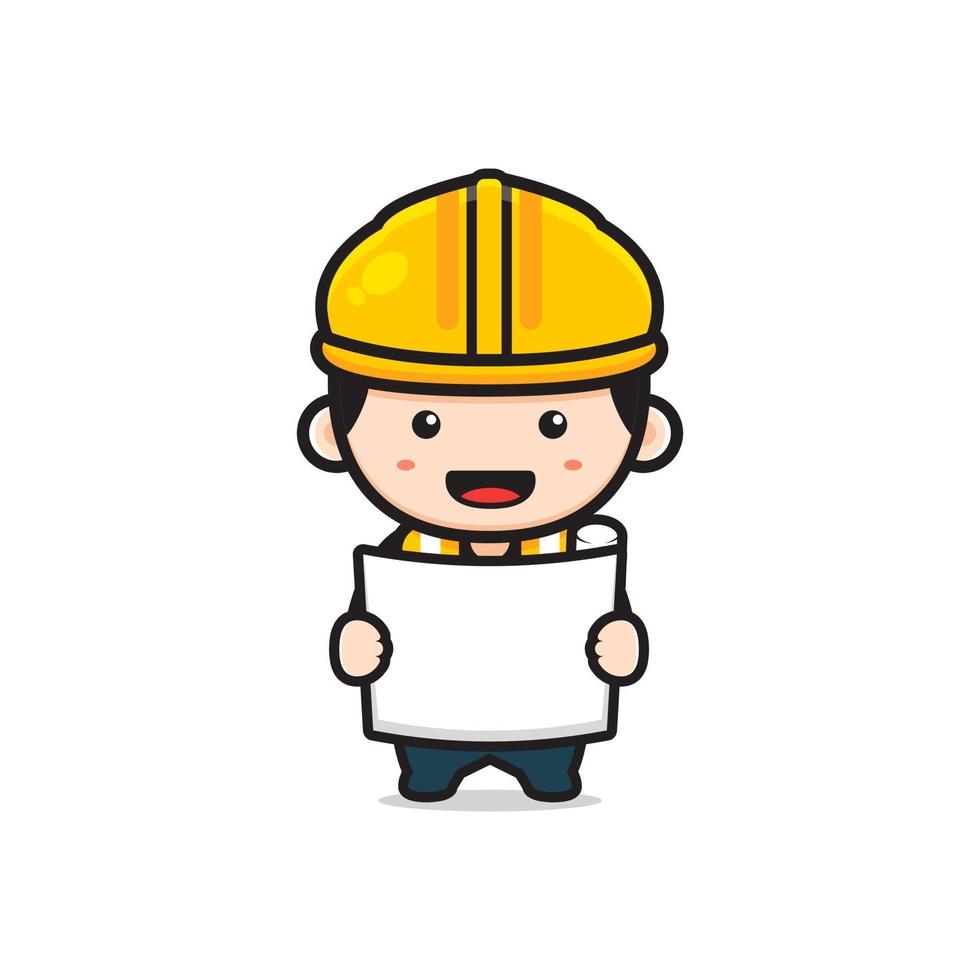 Cute engineer architect holding paper sketch cartoon icon illustration vector