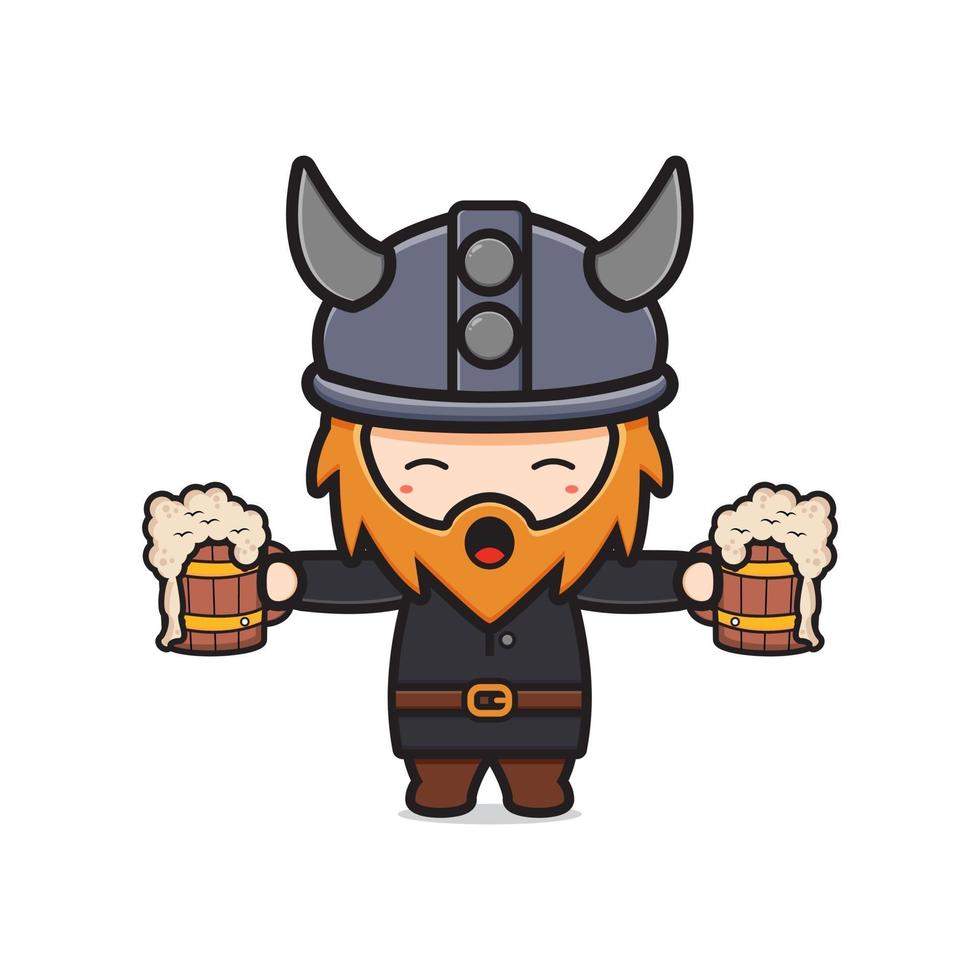 lindo vikingo sosteniendo cerveza celebrar oktoberfest ilustración de dibujos animados vector