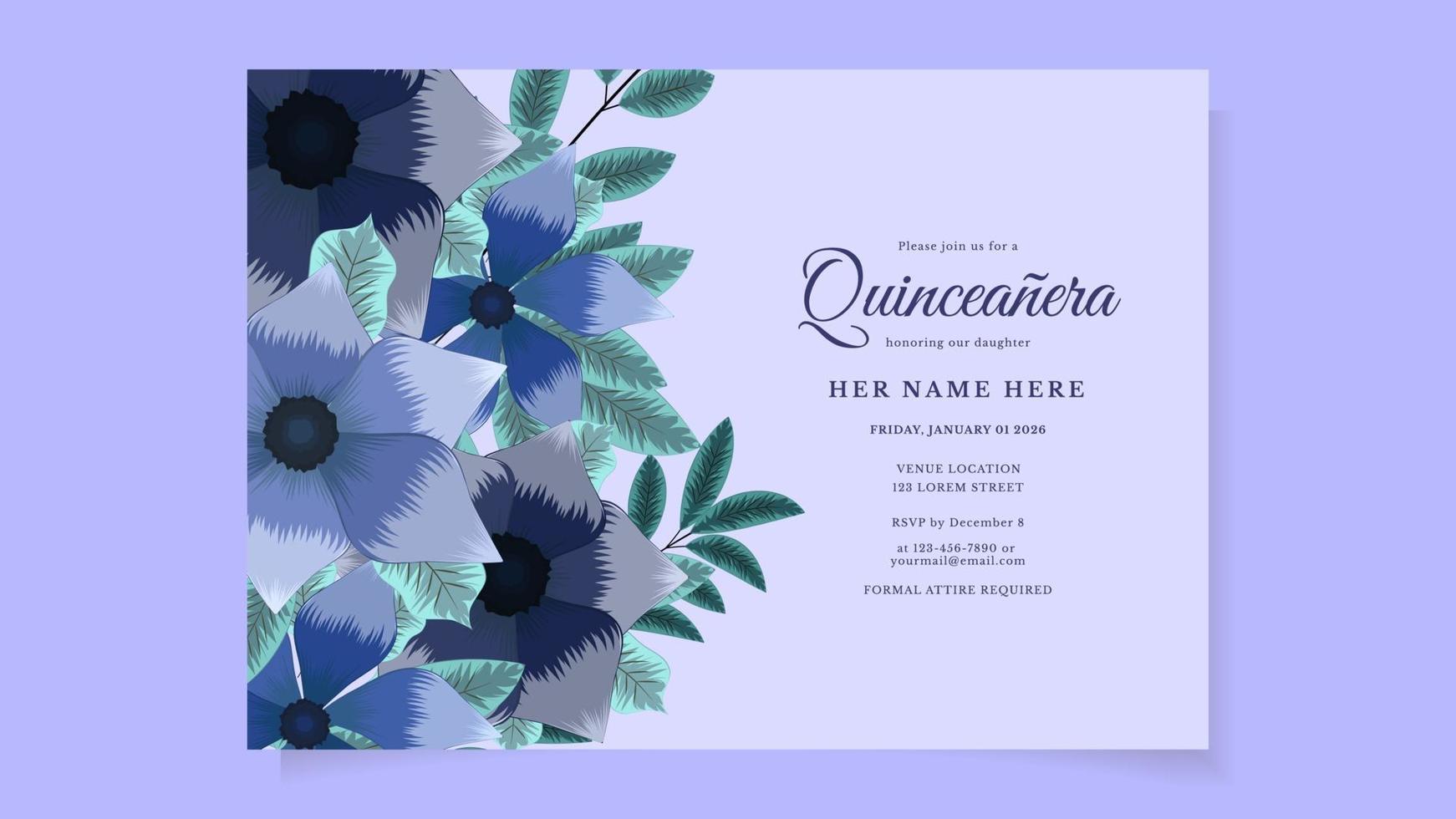 Quinceanera flowers Invite Template for Birthday party of 15 year old vector