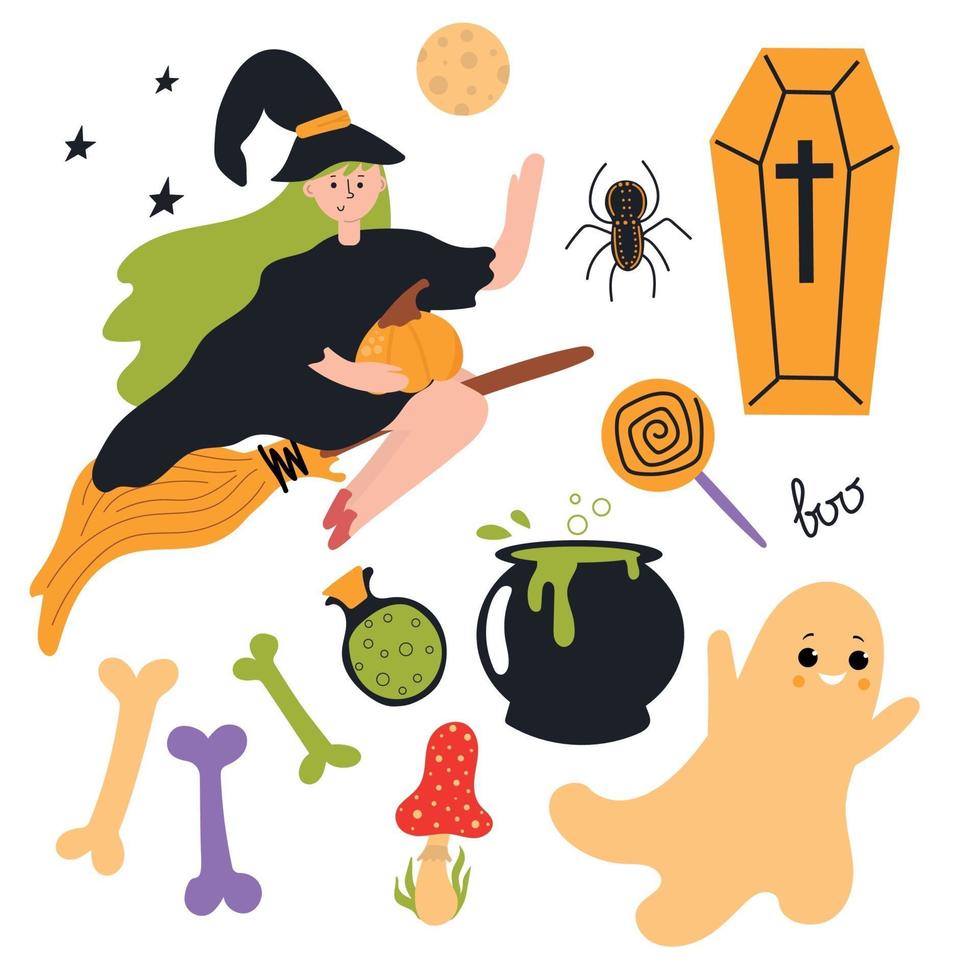 conjunto de elementos de halloween con bruja volando en escoba. vector