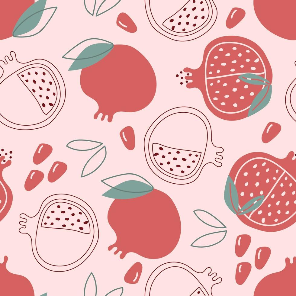 Hand drawn seamless pattern of garnet, pomegranate on pink background. vector