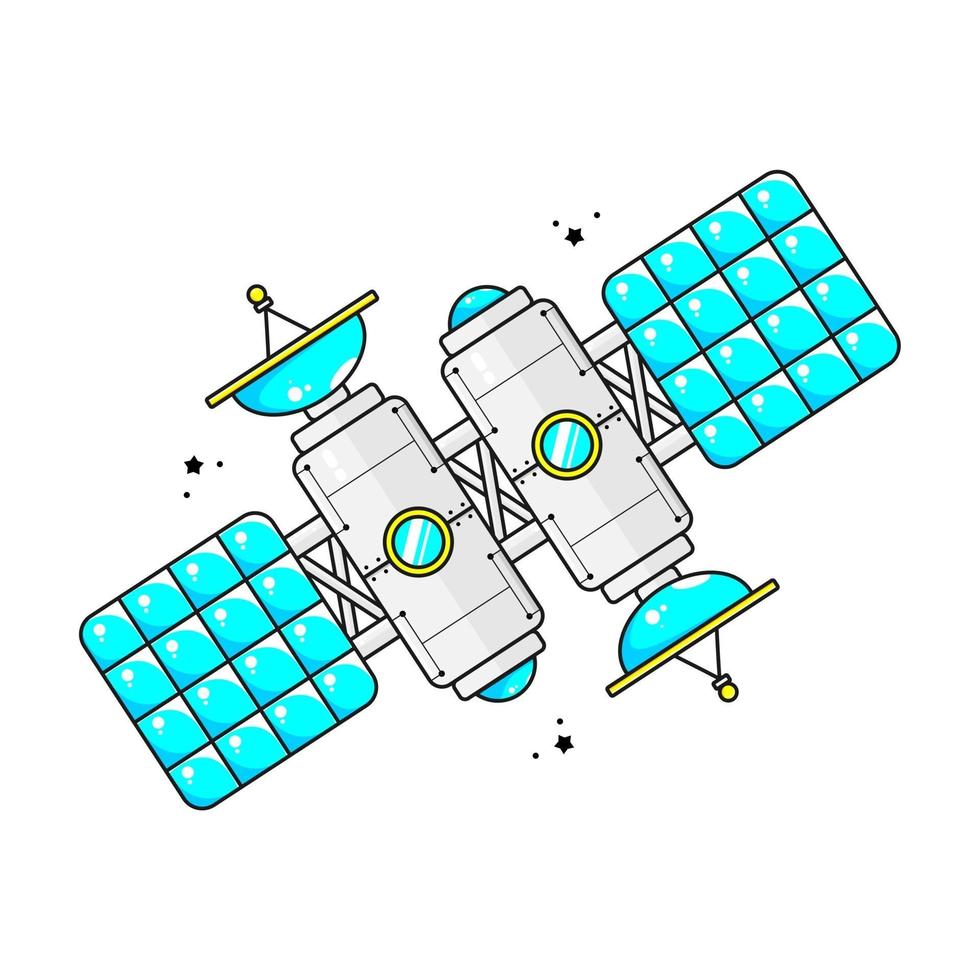 Ilustración de satélite con diseño de dos antenas y dos paneles solares. vector