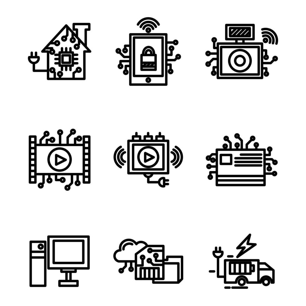 set icon technology style five outline design vector