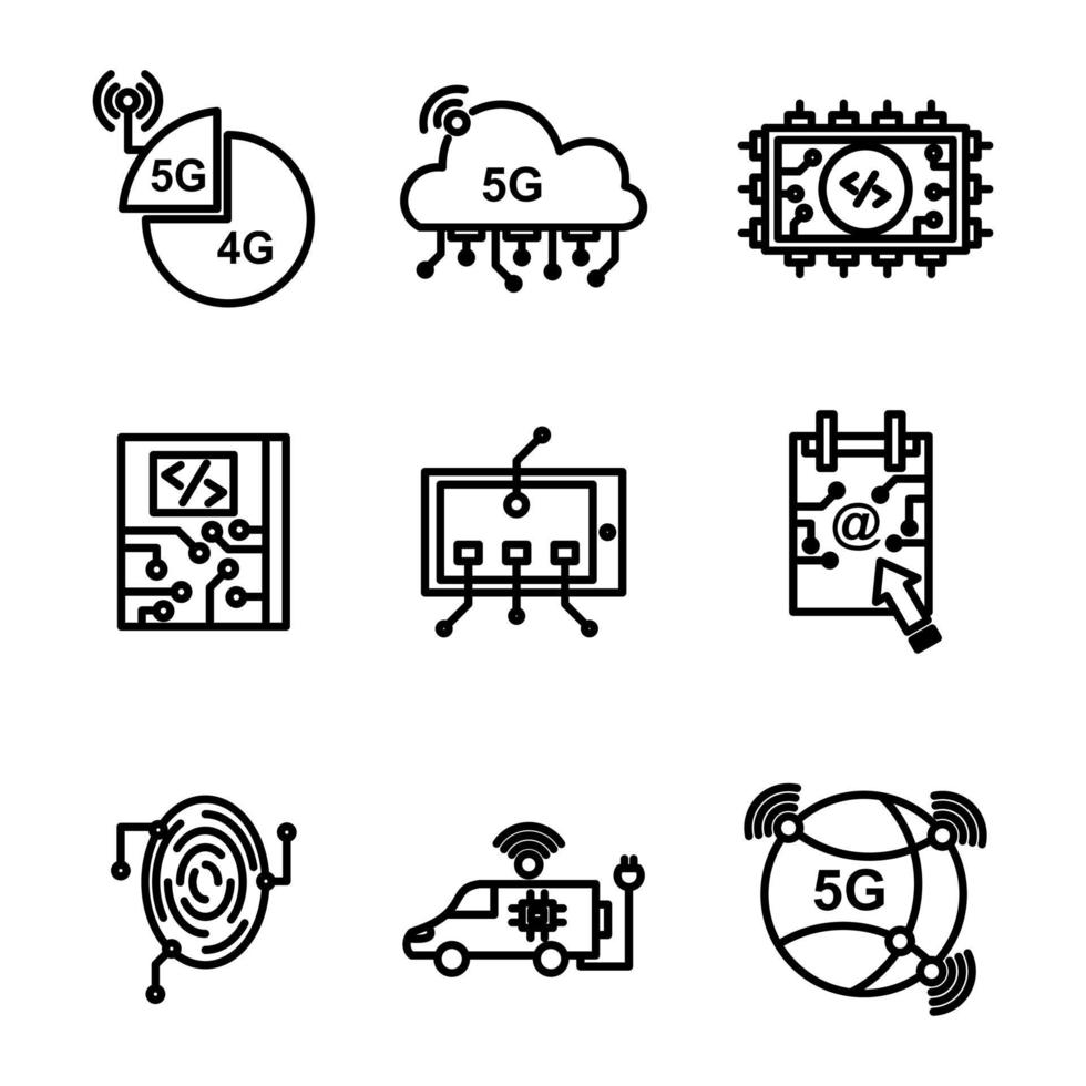 establecer icono tecnología estilo siete diseño de esquema vector